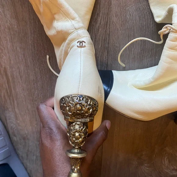 CHANEL Cream and Black Heeled Boots - Picture 16 of 16